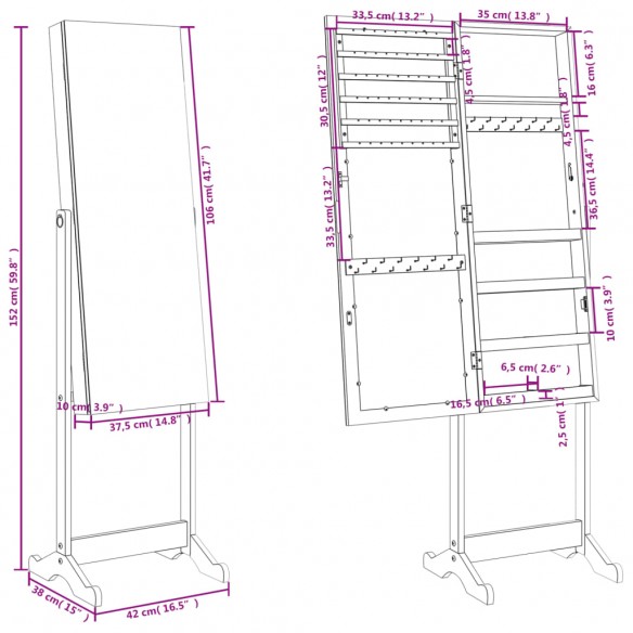 Armoire à bijoux avec miroir sur pied noir 42x38x152 cm