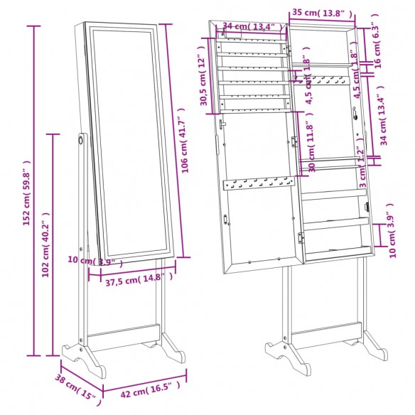 Armoire à bijoux miroir avec lumières LED sur pied blanc