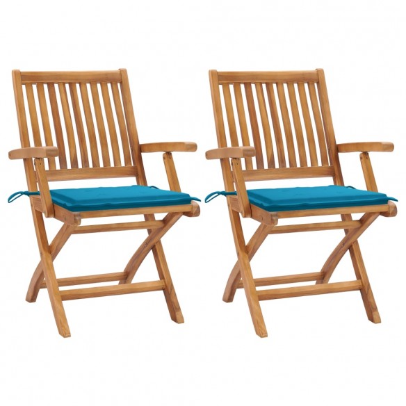 Chaises de jardin 2 pcs avec coussins bleu Bois de teck massif