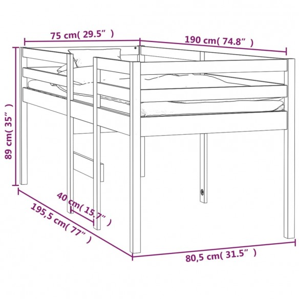 Lit haut Blanc 75x190 cm Bois de pin massif