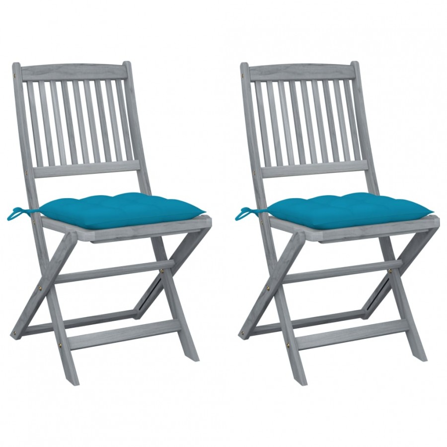 Chaises pliables d'extérieur 2 pcs avec coussins Bois d'acacia