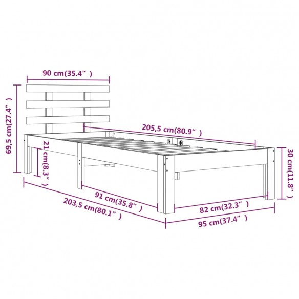 Cadre de lit Bois massif 90x200 cm