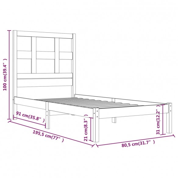 Cadre de lit Noir Bois massif 75x190 cm Petit simple