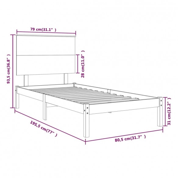 Cadre de lit Noir Bois massif 75x190 cm Petit simple