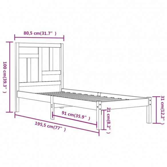 Cadre de lit Noir Bois massif 75x190 cm Petit simple