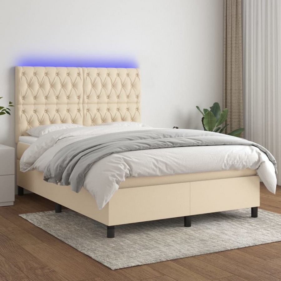 Cadre de lit et matelas et LED Crème 140x200cm Tissu