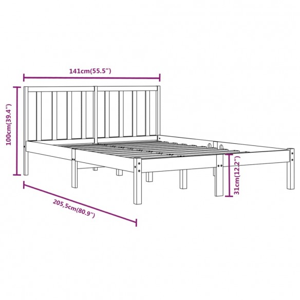 Cadre de lit Noir Bois de pin massif 135x190 cm Double