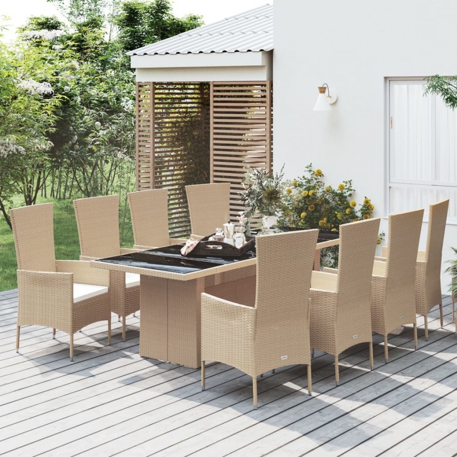 Ensemble à manger de jardin et coussins 9 pcs beige Poly rotin