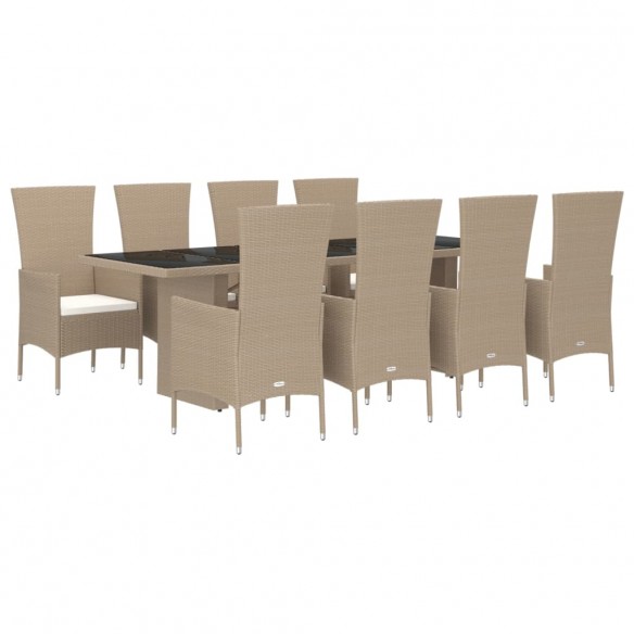 Ensemble à manger de jardin et coussins 9 pcs beige Poly rotin