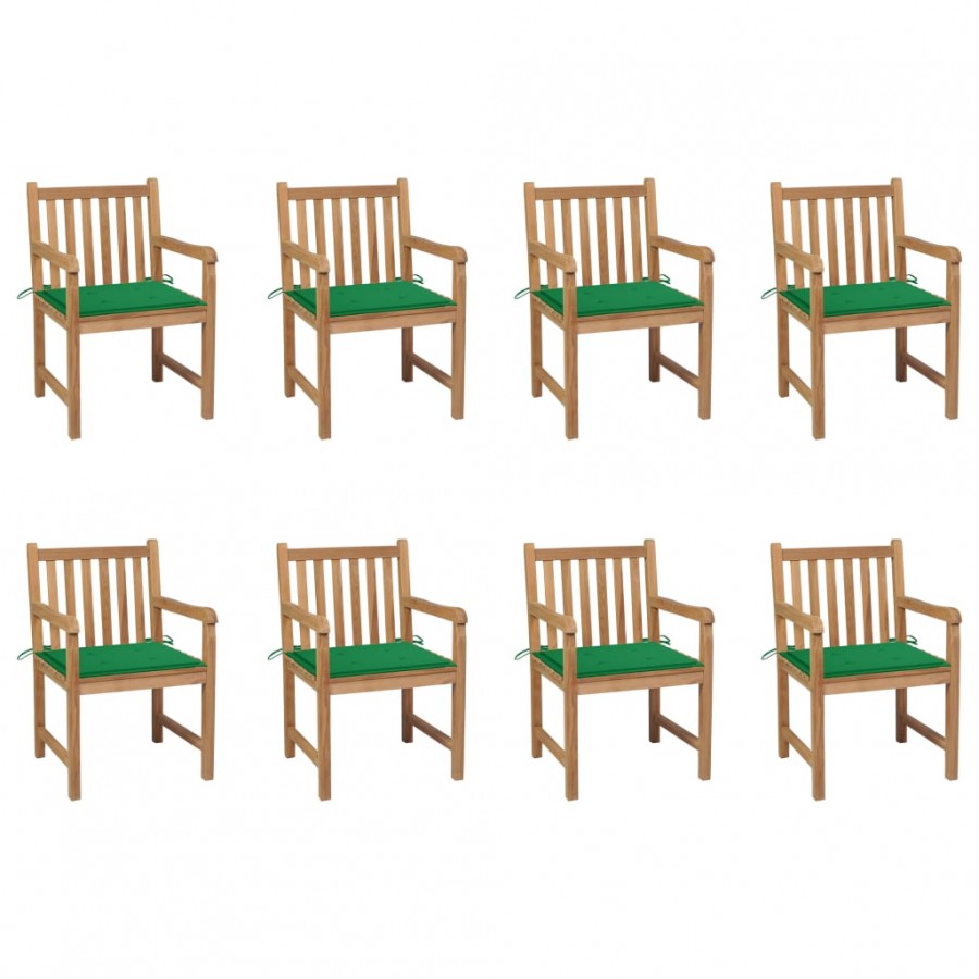 Chaises de jardin 8 pcs avec coussins vert Bois de teck massif