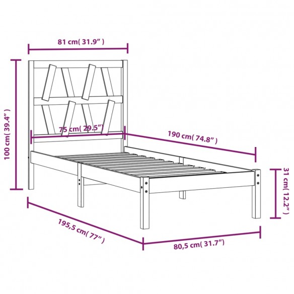 Cadre de lit Noir Bois de pin massif 75x190 cm Petit simple