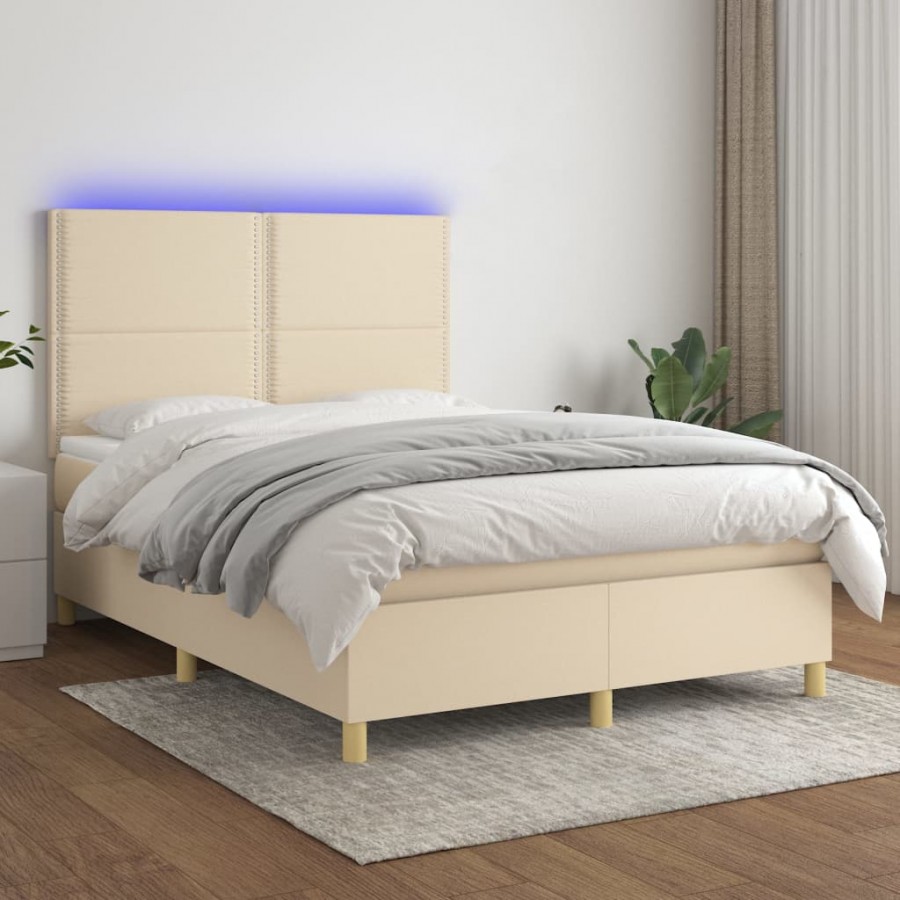 Cadre de lit et matelas et LED Crème 140x190cm Tissu