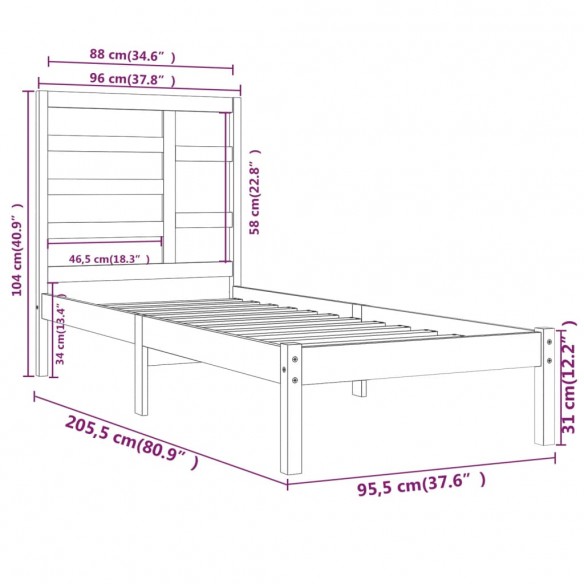 Cadre de lit Gris Bois massif 90x200 cm