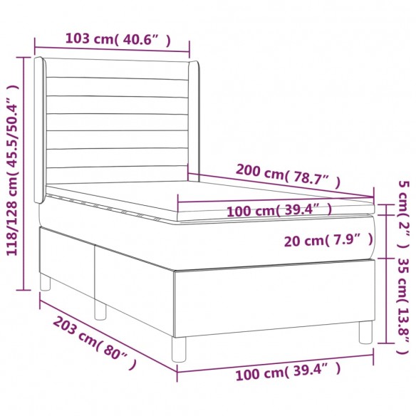 Cadre de lit matelas et LED Gris clair 100x200 cm