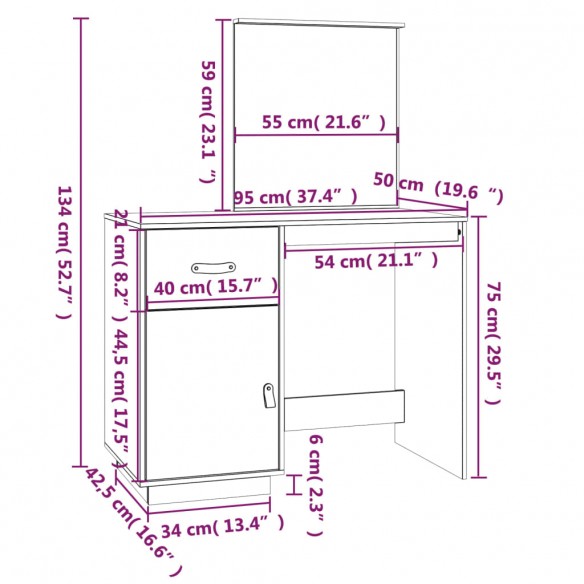 Coiffeuse Marron miel 95x50x134 cm Bois de pin massif