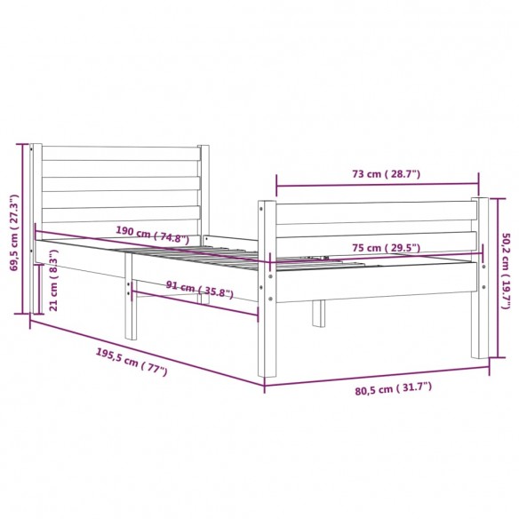 Cadre de lit bois massif 75x190 cm petit simple