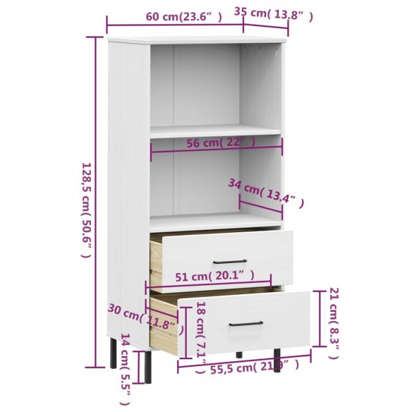 Bibliothèque à 2 tiroirs Blanc 60x35x128,5 cm Bois massif OSLO