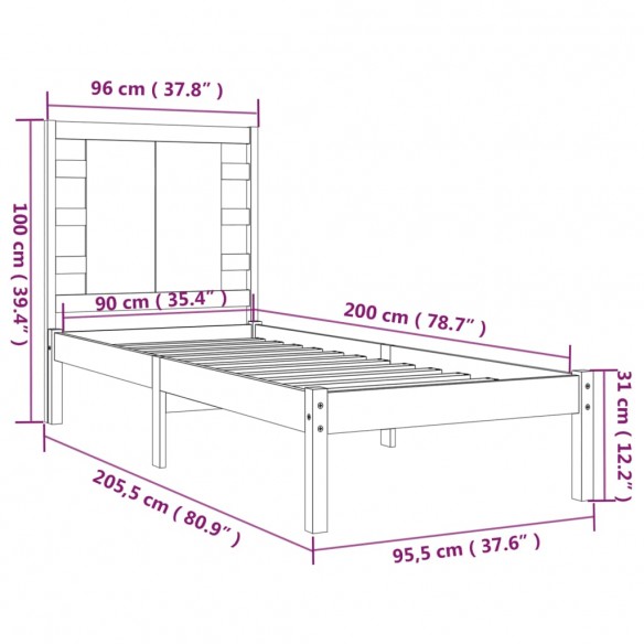 Cadre de lit Bois de pin massif 90x200 cm