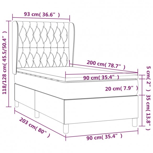 Cadre de lit avec matelas Gris clair 90x200 cm Tissu