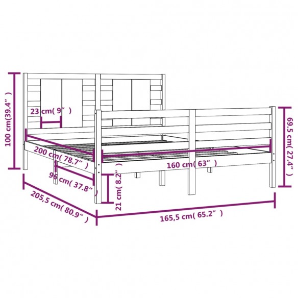 Cadre de lit Gris Bois de pin massif 160x200 cm