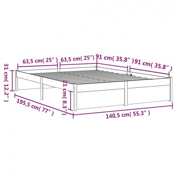 Cadre de lit Marron miel Bois massif 135x190 cm Double