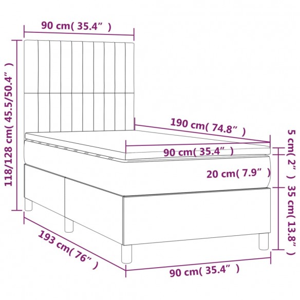 Cadre de lit avec matelas et LED Gris foncé 90x190cm