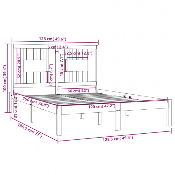 Cadre de lit Noir Bois massif 120x190 cm Petit Double