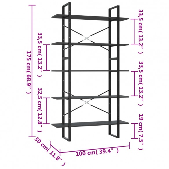 Bibliothèque à 5 niveaux Gris 100x30x175 cm Bois d'ingénierie