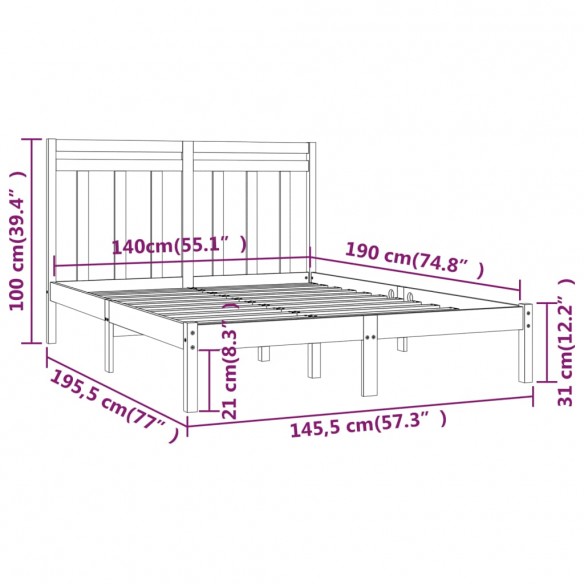 Cadre de lit Gris Bois de pin massif 140x190 cm