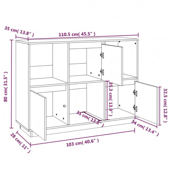 Buffet Noir 110,5x35x80 cm Bois massif de pin