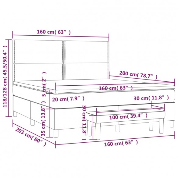 Cadre de lit et matelas Gris clair 160x200cm Velours