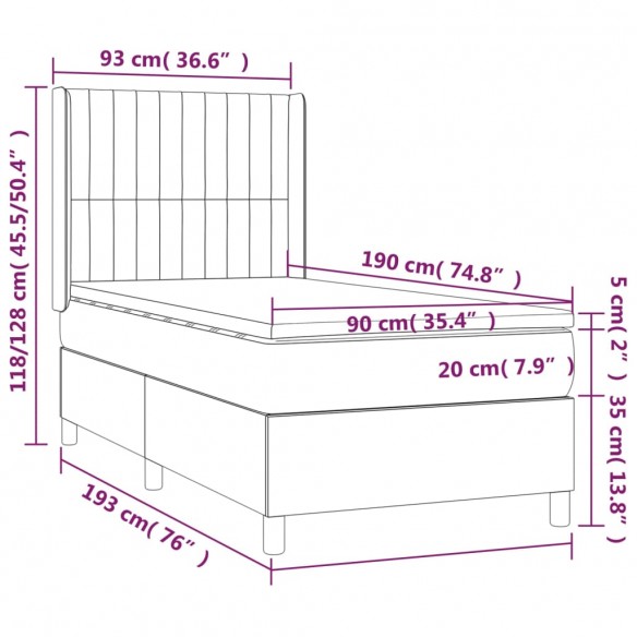 Cadre de lit et matelas Gris clair 90x190 cm Tissu