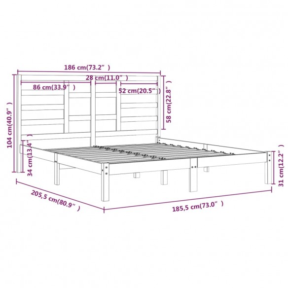 Cadre de lit Gris Bois massif 180x200 cm Super King