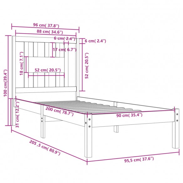 Cadre de lit Blanc Bois de pin massif 90x200 cm