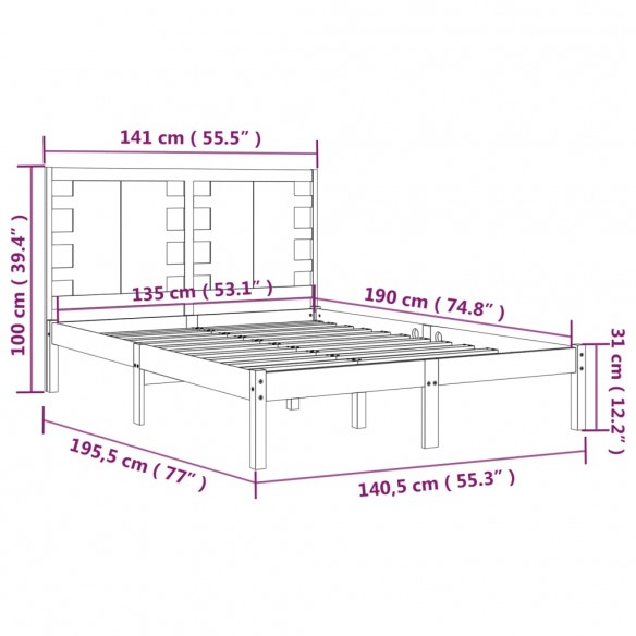 Cadre de lit bois massif 135x190 cm double