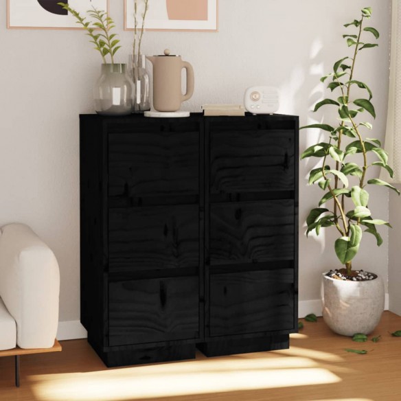 Buffets 2 pcs Noir 32x34x75 cm Bois massif de pin