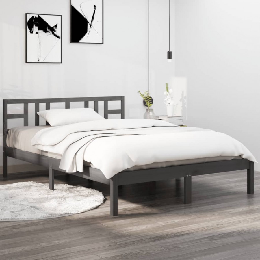 Cadre de lit Gris Bois massif 135x190 cm Double