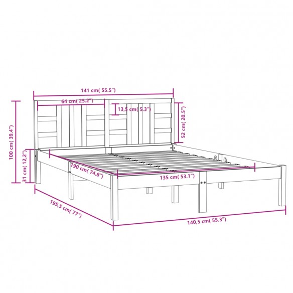 Cadre de lit Gris Bois massif 135x190 cm Double