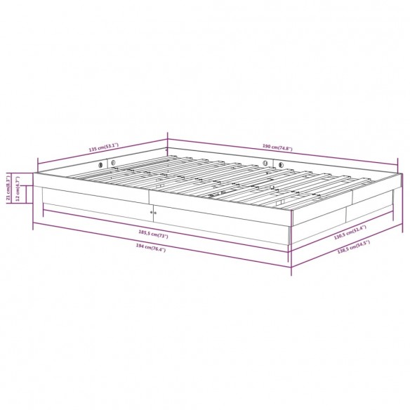 Cadre de lit Gris Bois massif 135x190 cm Double