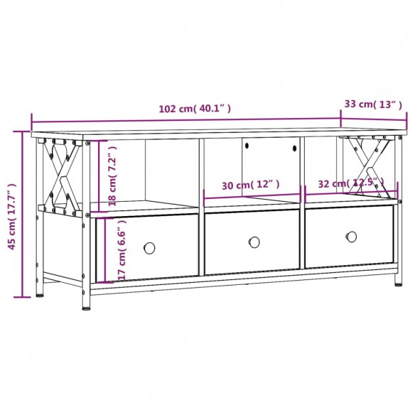 Meuble TV chêne marron 102x33x45 cm bois d'ingénierie et fer