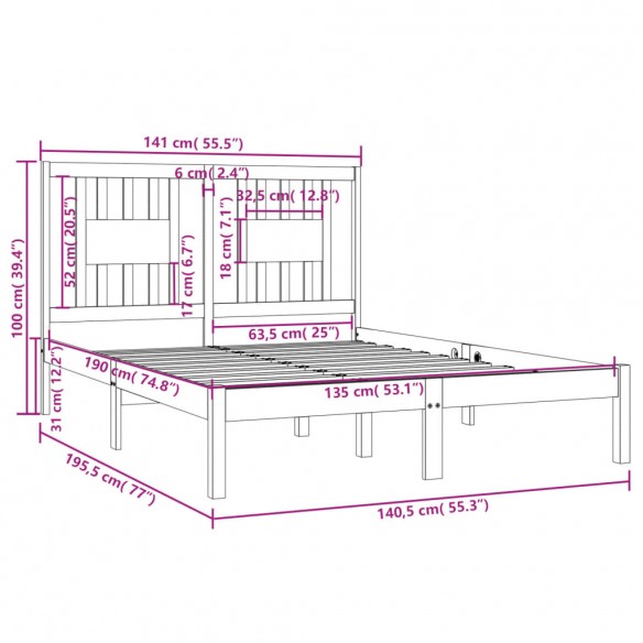 Cadre de lit Noir Bois massif 135x190 cm Double