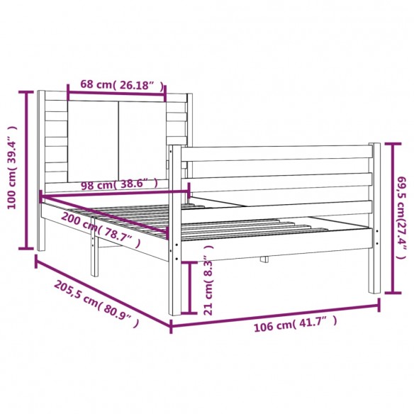 Cadre de lit Marron miel Bois de pin massif 100x200 cm