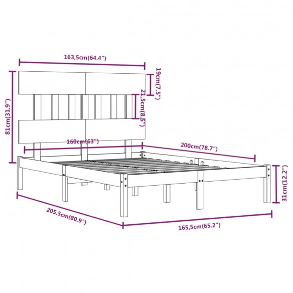 Cadre de lit Gris Bois massif 160x200 cm