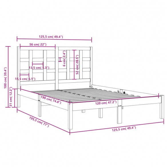 Cadre de lit Noir Bois massif 120x190 cm Petit Double