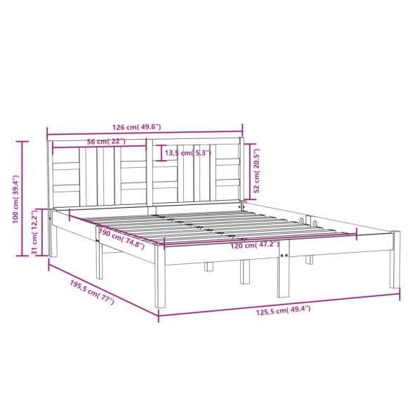 Cadre de lit bois massif 120x190 cm petit double