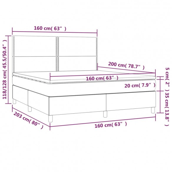 Cadre de lit et matelas et LED Gris foncé 160x200 cm