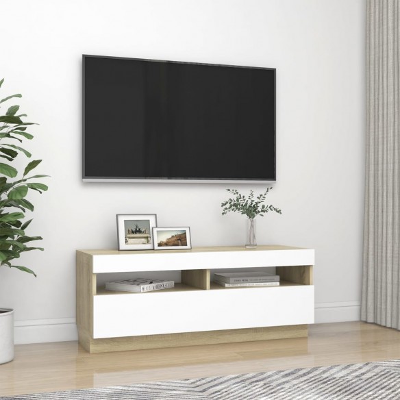 Meuble TV avec lumières LED blanc et chêne sonoma 100x35x40 cm