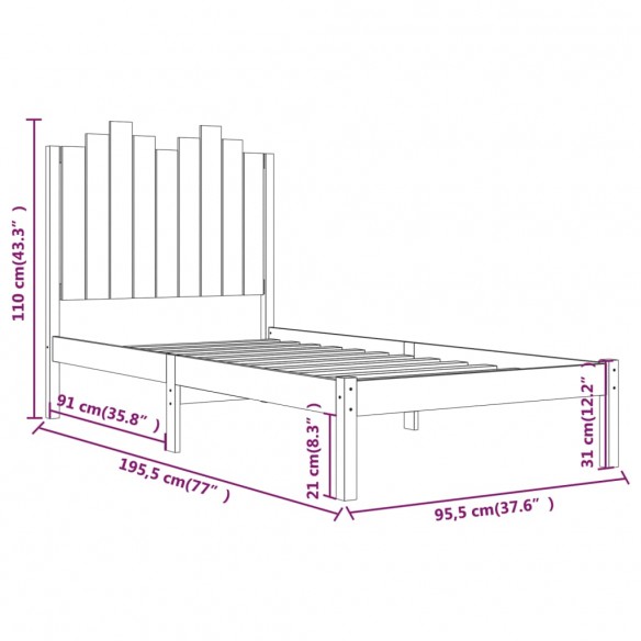 Cadre de lit Noir Bois de pin massif 90x190 cm Simple