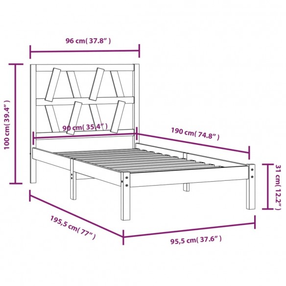 Cadre de lit Noir Bois de pin massif 90x190 cm Simple