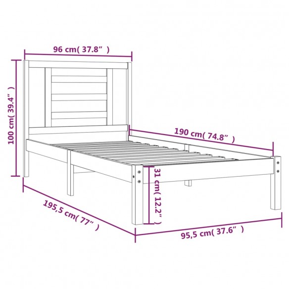 Cadre de lit Noir Bois de pin massif 90x190 cm Simple